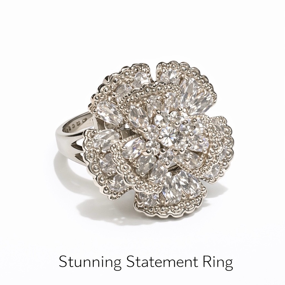 Elegant Silver Oversized CZ Floral Statement Cocktail Ring